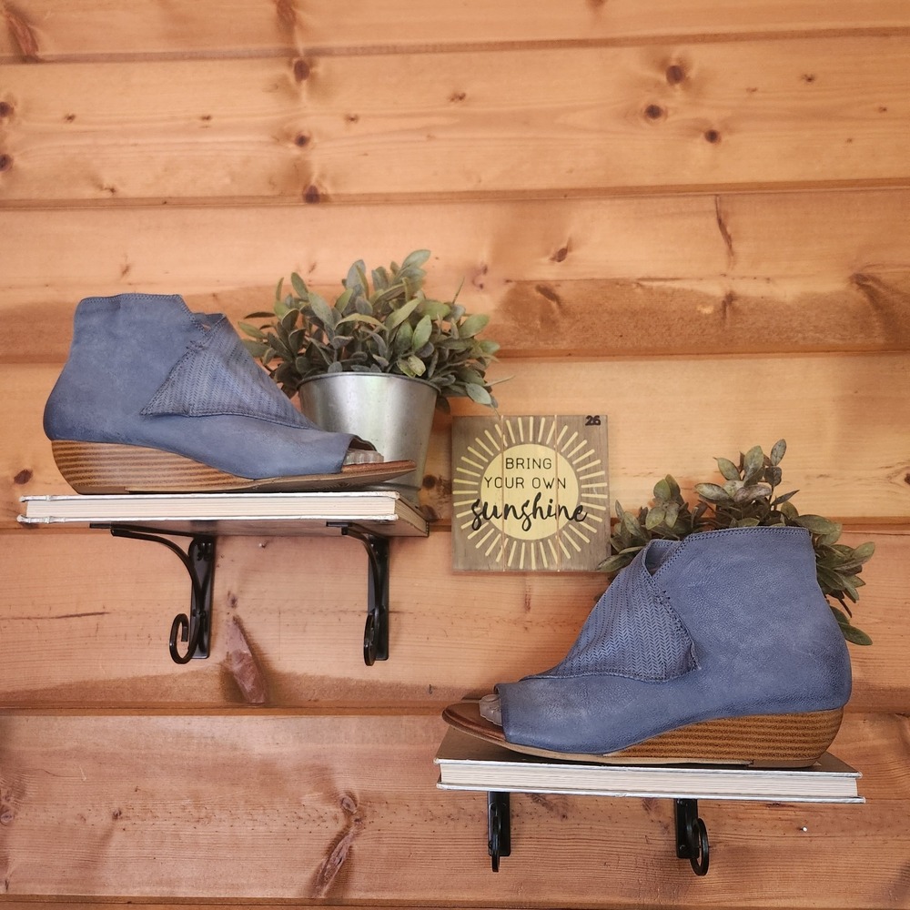 Miz Mooz Camp Boot Blue Leather Open Toe Booties Low Wedge Heel Perf Wrap Sz 40